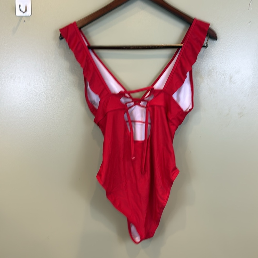 Red Ruffled One-Piece Swimsuit S - Picture 3 of 4
